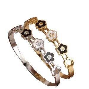 Black and White Flower Bangle Stainless Steel